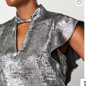 Worthington Metallic Silver Flutter-Sleeve V-Neck Top